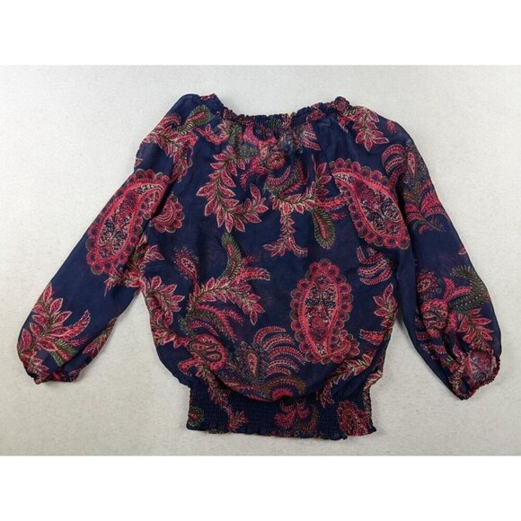 DAISY FUENTES - WOMEN'S SHEER BLUE & RED PRINT 3/4 SLEEVE PEASANT TOP - XS - Picture 4 of 5